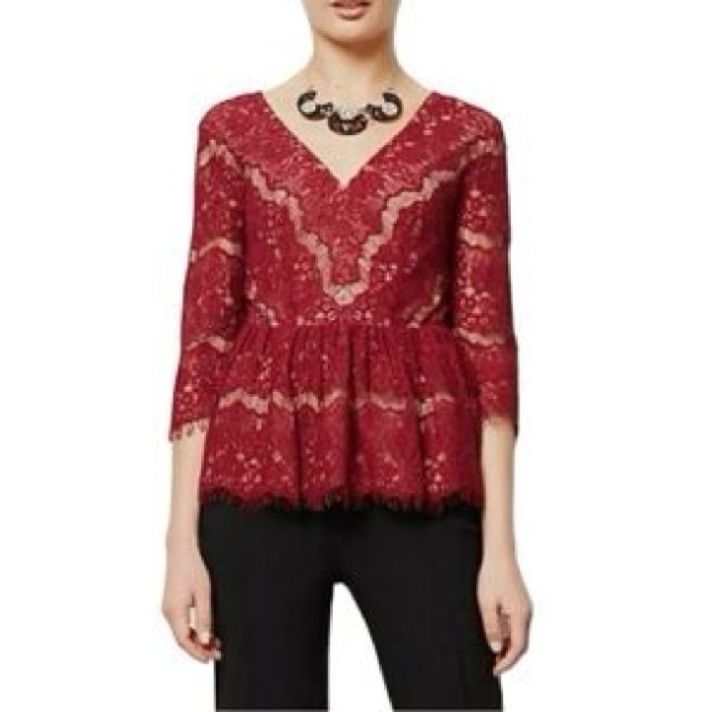 Anthropologie Maeve Lace Peplum Top Burgundy Large - Picture 3 of 7
